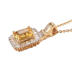 Premium Yellow Sapphire and Diamond Halo Pendant Necklace 20 Inches in Vermeil Yellow Gold Over Sterling Silver 1.50 ctw