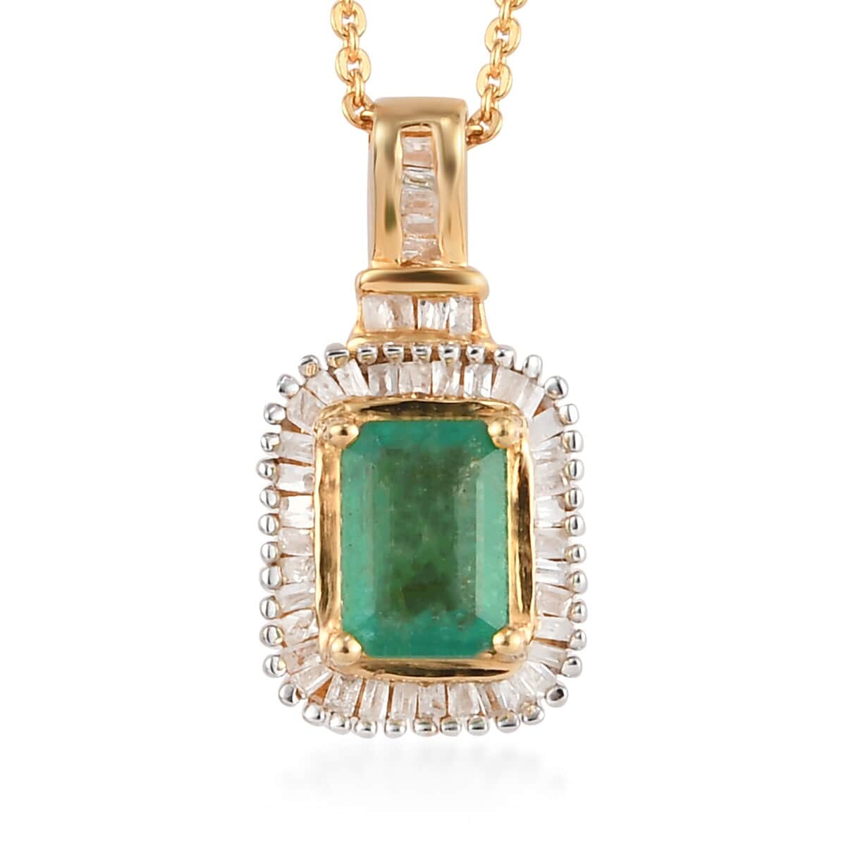 Premium Kagem Zambian Emerald and Diamond Halo Pendant Necklace 20 Inches in Vermeil Yellow Gold Over Sterling Silver 1.25 ctw image number 0