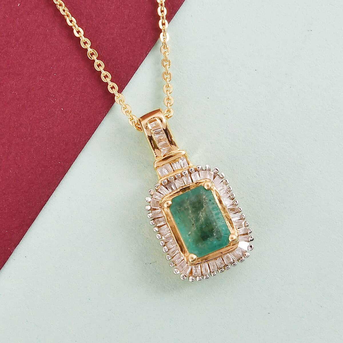 Premium Kagem Zambian Emerald and Diamond Halo Pendant Necklace 20 Inches in Vermeil Yellow Gold Over Sterling Silver 1.25 ctw image number 1