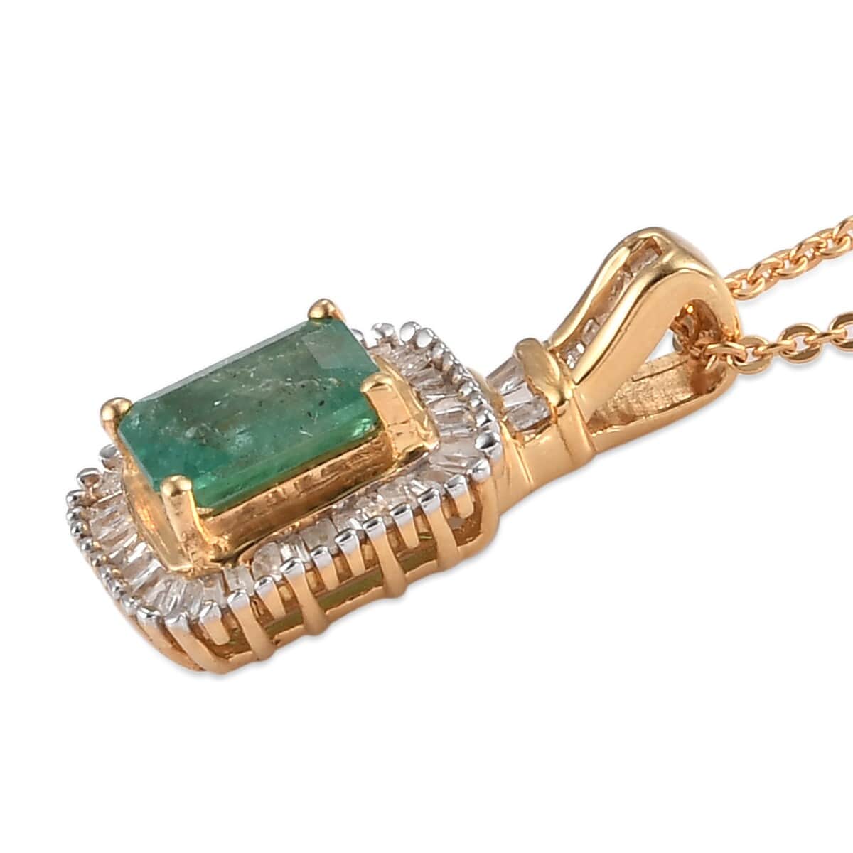 Premium Kagem Zambian Emerald and Diamond Halo Pendant Necklace 20 Inches in Vermeil Yellow Gold Over Sterling Silver 1.25 ctw image number 3