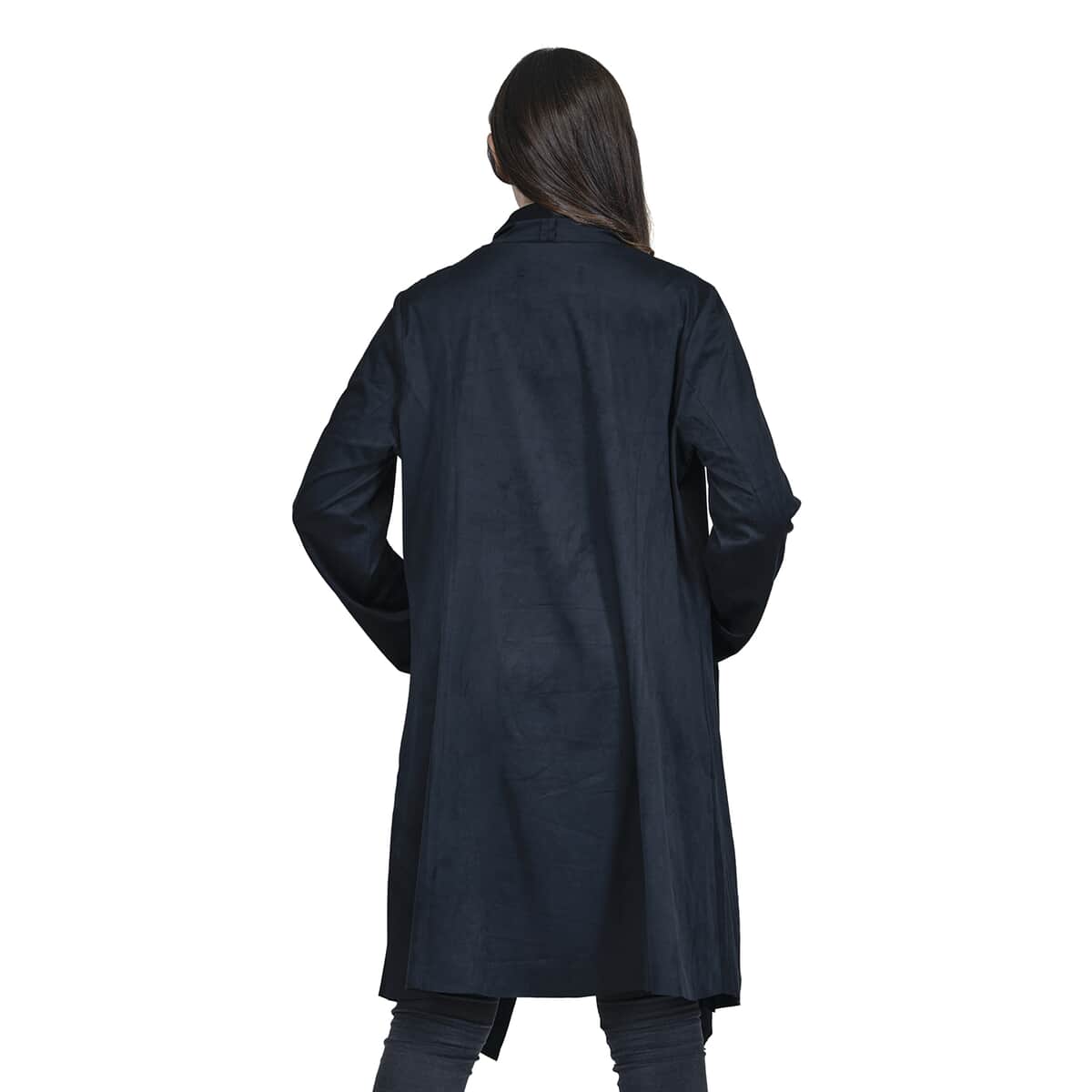 PASSAGE Black Faux Suede Long Waterfall Open Front Jacket - S image number 1