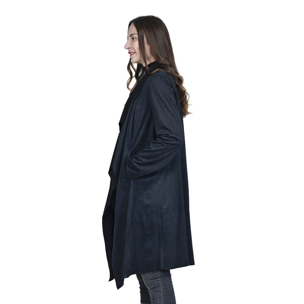 PASSAGE Black Faux Suede Long Waterfall Open Front Jacket - S image number 2