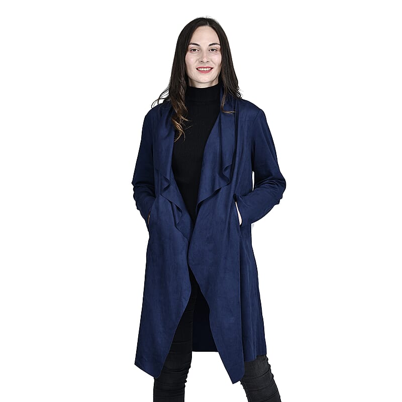 Passage Navy Blue Faux Suede Long Waterfall Open Front Jacket For Ladies -XL , Jacket for Women , Long Coat Jacket for Women , Womens Coats