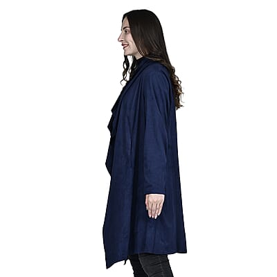 Passage Navy Blue Faux Suede Long Waterfall Open Front Jacket For Ladies -XL , Jacket for Women , Long Coat Jacket for Women , Womens Coats