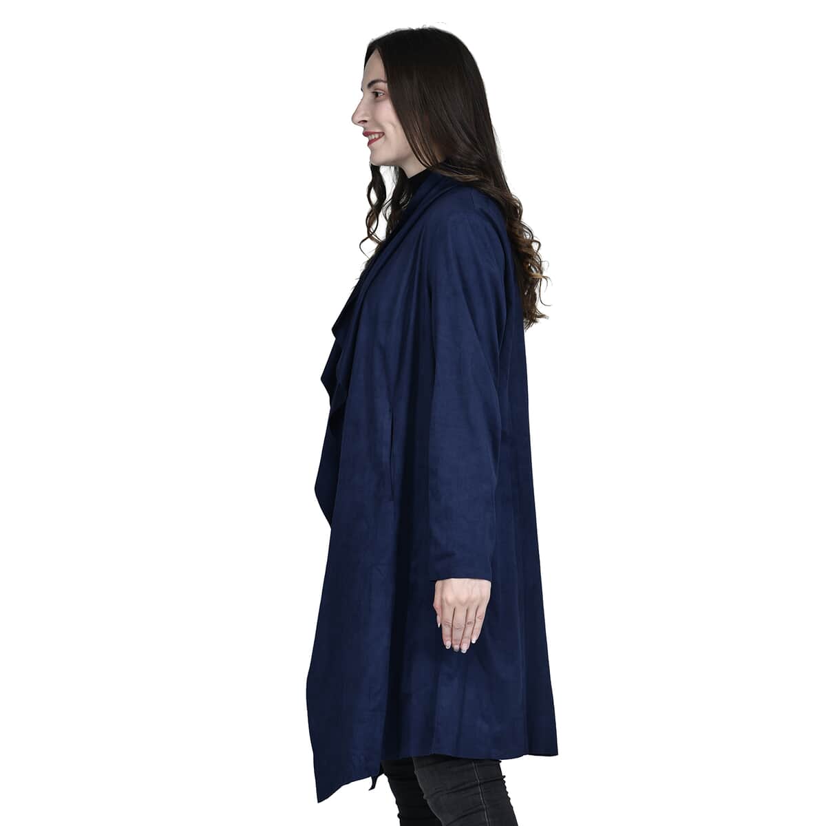 Passage Navy Blue Faux Suede Long Waterfall Open Front Jacket For Ladies -XL , Jacket for Women , Long Coat Jacket for Women , Womens Coats image number 2