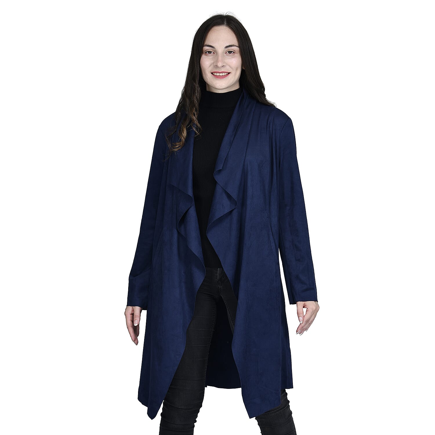 Passage Navy Blue Faux Suede Long Waterfall Open Front Jacket For Ladies -XL , Jacket for Women , Long Coat Jacket for Women , Womens Coats