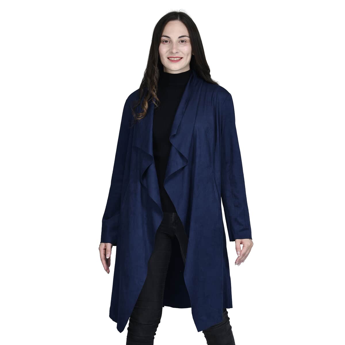 Passage Navy Blue Faux Suede Long Waterfall Open Front Jacket For Ladies -XL , Jacket for Women , Long Coat Jacket for Women , Womens Coats image number 3