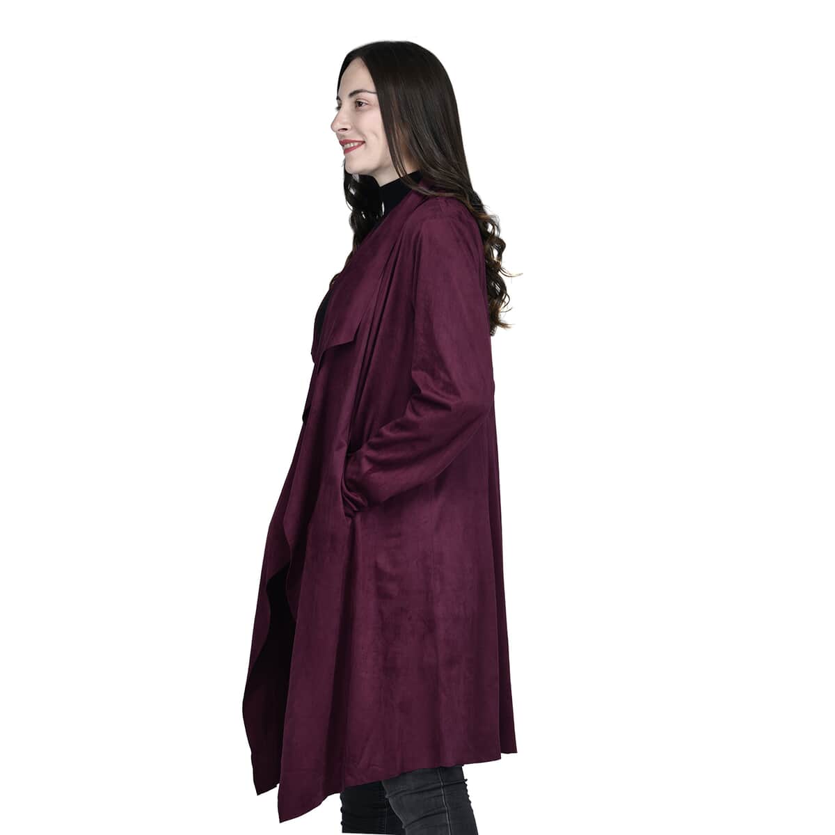 Passage Wine Faux Suede Long Waterfall Open Front Jacket For Ladies -M, Jacket for Women, Long Coat Jacket for Women, Womens Coats image number 2