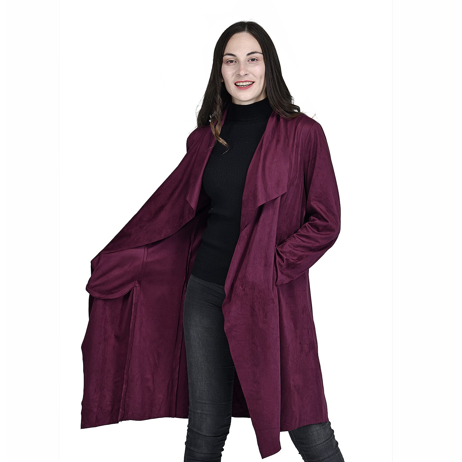 Passage Wine Faux Suede Long Waterfall Open Front Jacket For Ladies -XL , Jacket for Women , Long Coat Jacket for Women , Womens Coats