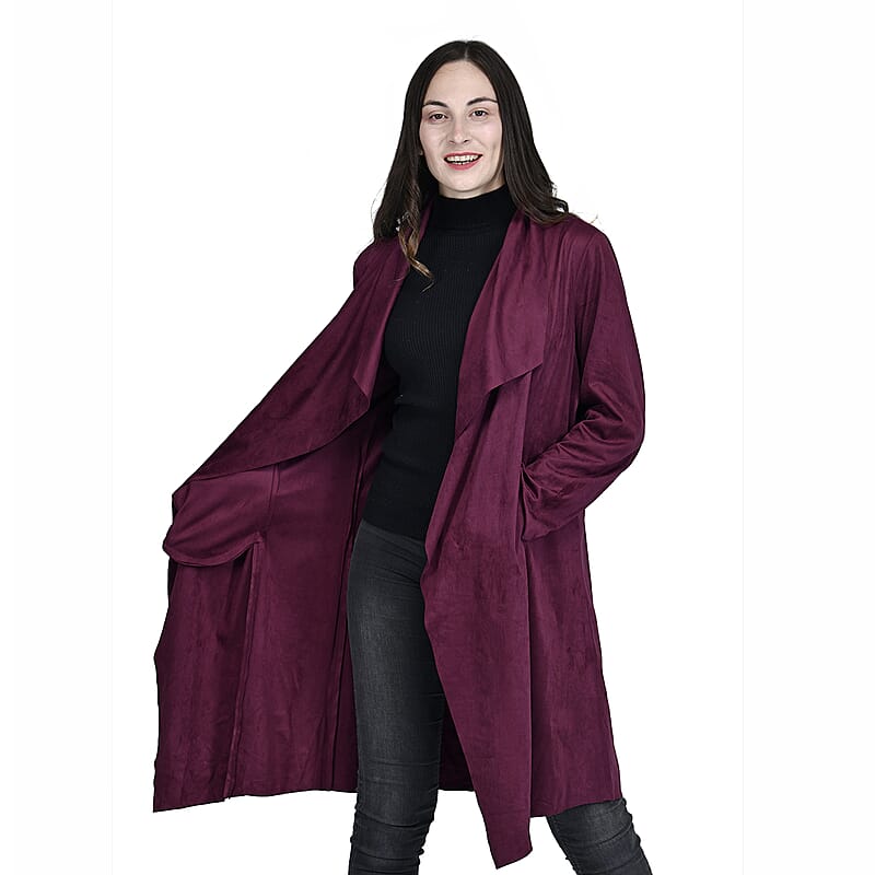 Passage Wine Faux Suede Long Waterfall Open Front Jacket For Ladies -XL , Jacket for Women , Long Coat Jacket for Women , Womens Coats