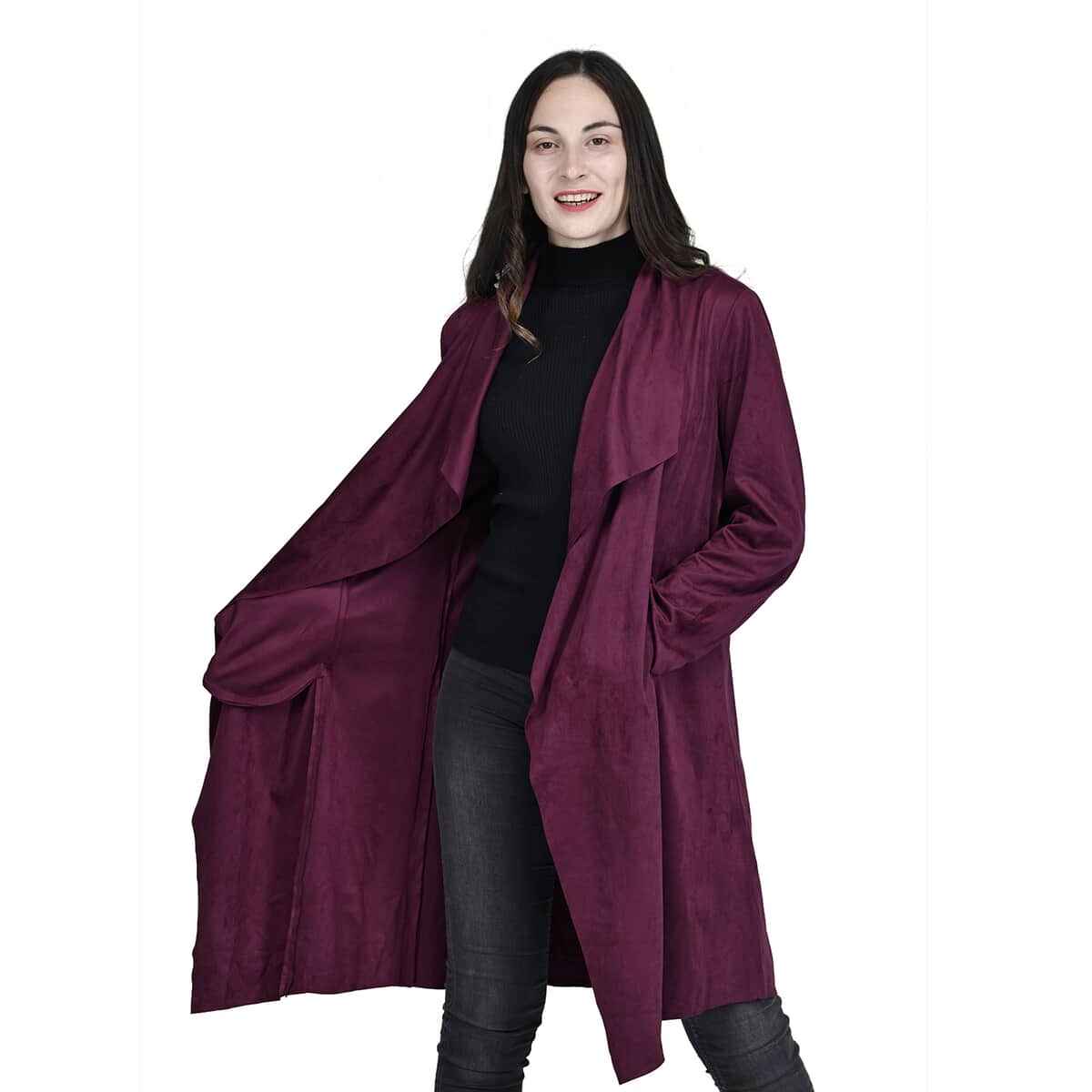 PASSAGE Wine Faux Suede Long Waterfall Open Front Jacket For Ladies -XXL , Jacket for Women , Long Coat Jacket for Women , Womens Coats image number 0