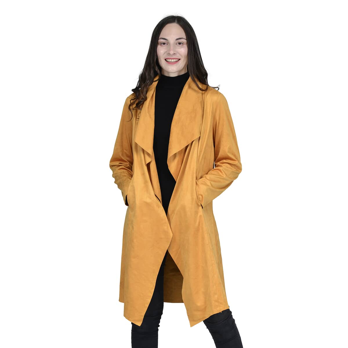 Passage Gold Faux Suede Long Waterfall Open Front Jacket For Ladies -M, Jacket for Women, Long Coat Jacket for Women, Womens Coats image number 0
