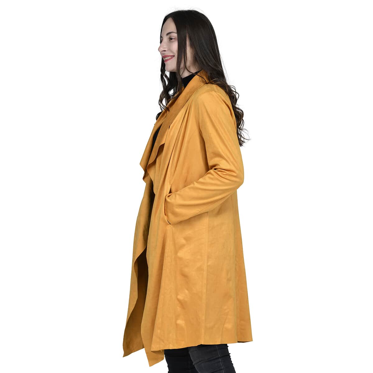 Passage Gold Faux Suede Long Waterfall Open Front Jacket For Ladies -M, Jacket for Women, Long Coat Jacket for Women, Womens Coats image number 2