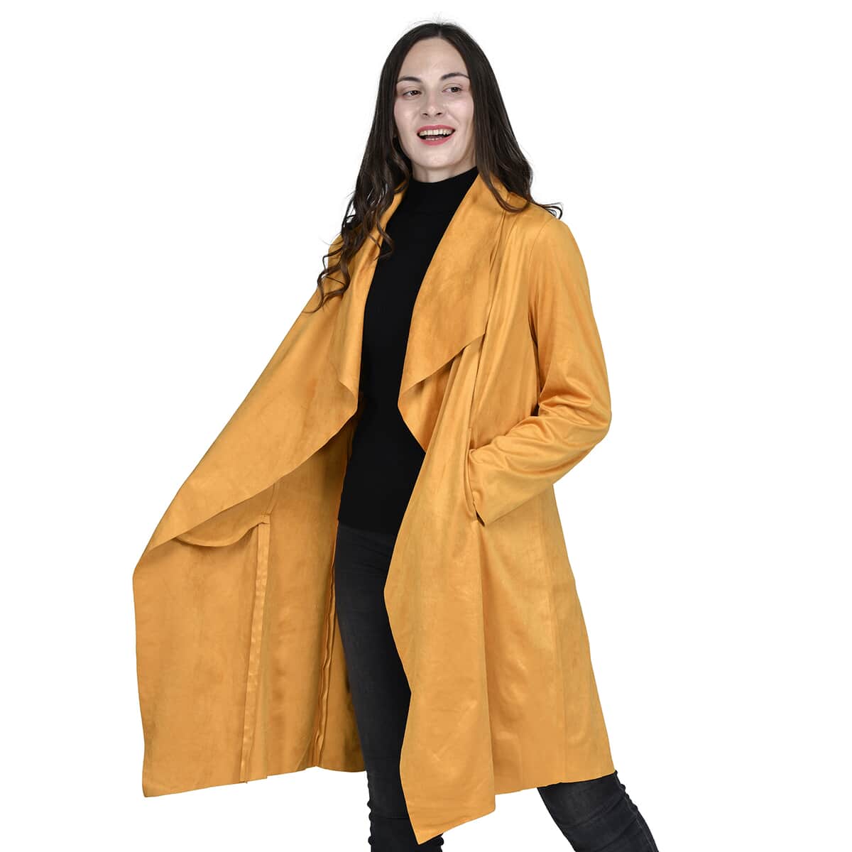 Passage Gold Faux Suede Long Waterfall Open Front Jacket For Ladies -M, Jacket for Women, Long Coat Jacket for Women, Womens Coats image number 3