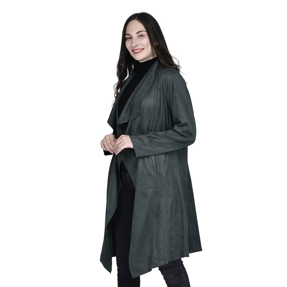 Passage Sage Faux Suede Long Waterfall Open Front Jacket For Ladies -M, Jacket for Women, Long Coat Jacket for Women, Womens Coats image number 3