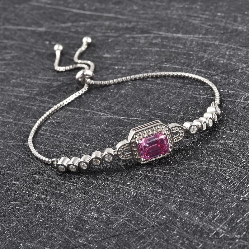Pink Moissanite and Moissanite 2.00 ctw Bolo Bracelet in Rhodium Over Sterling Silver