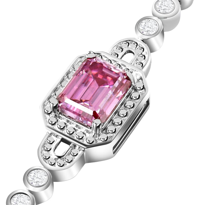 Pink Moissanite and Moissanite 2.00 ctw Bolo Bracelet in Rhodium Over Sterling Silver