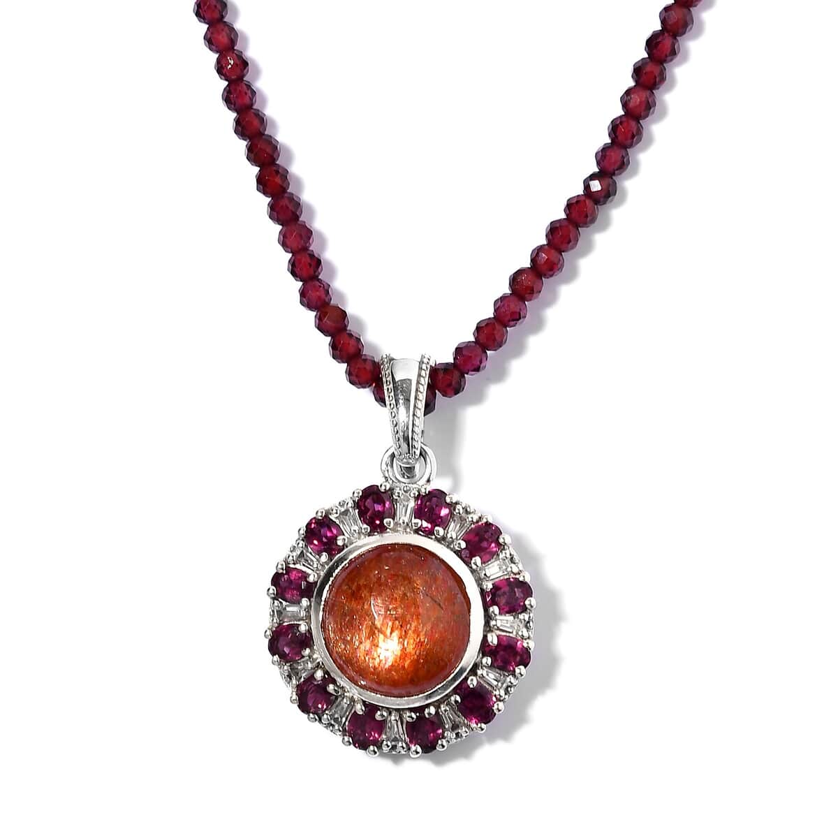 Korevora Sunstone and Multi Gemstone Flower Pendant with Beaded Necklace 20 Inches in Platinum Over Sterling Silver 111.00 ctw image number 0
