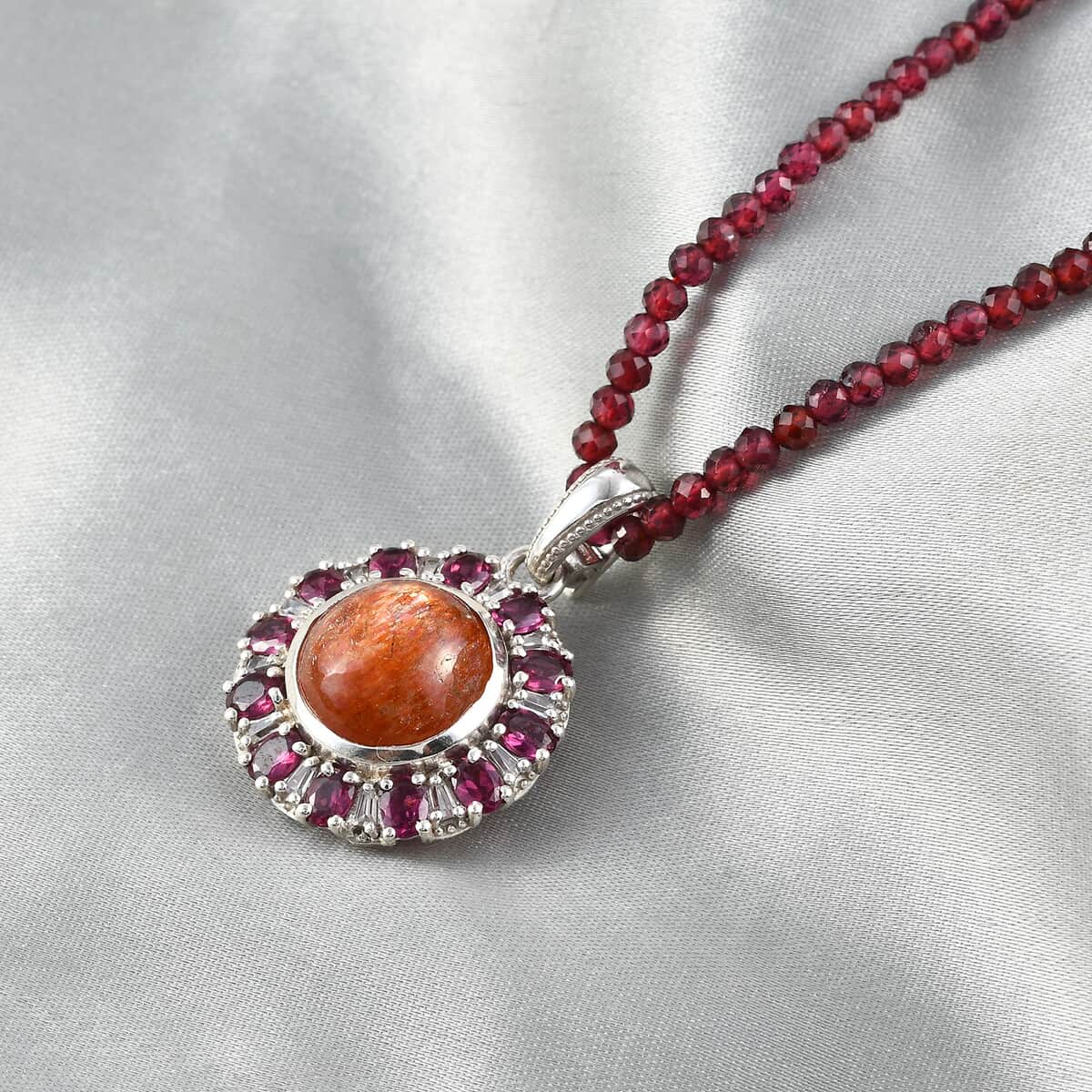 Korevora Sunstone and Multi Gemstone Flower Pendant with Beaded Necklace 20 Inches in Platinum Over Sterling Silver 111.00 ctw image number 1