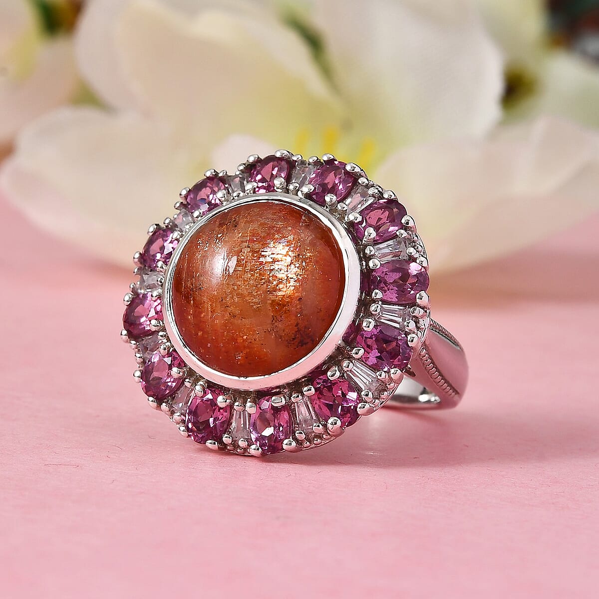 Korevora Sunstone and Multi Gemstone Flower Ring in Platinum Over Sterling Silver (Size 7.0) 11.25 ctw image number 1