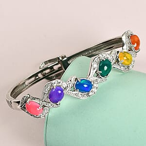 Multi Gemstone Bangle Bracelet in Platinum Over Sterling Silver (7.25 In) 5.90 ctw