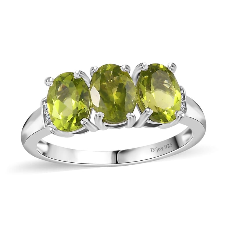 Peridot and Natural Champagne Diamond Accent 3 Stone Ring in Platinum Over Sterling Silver (Size 10.0) 2.50 ctw