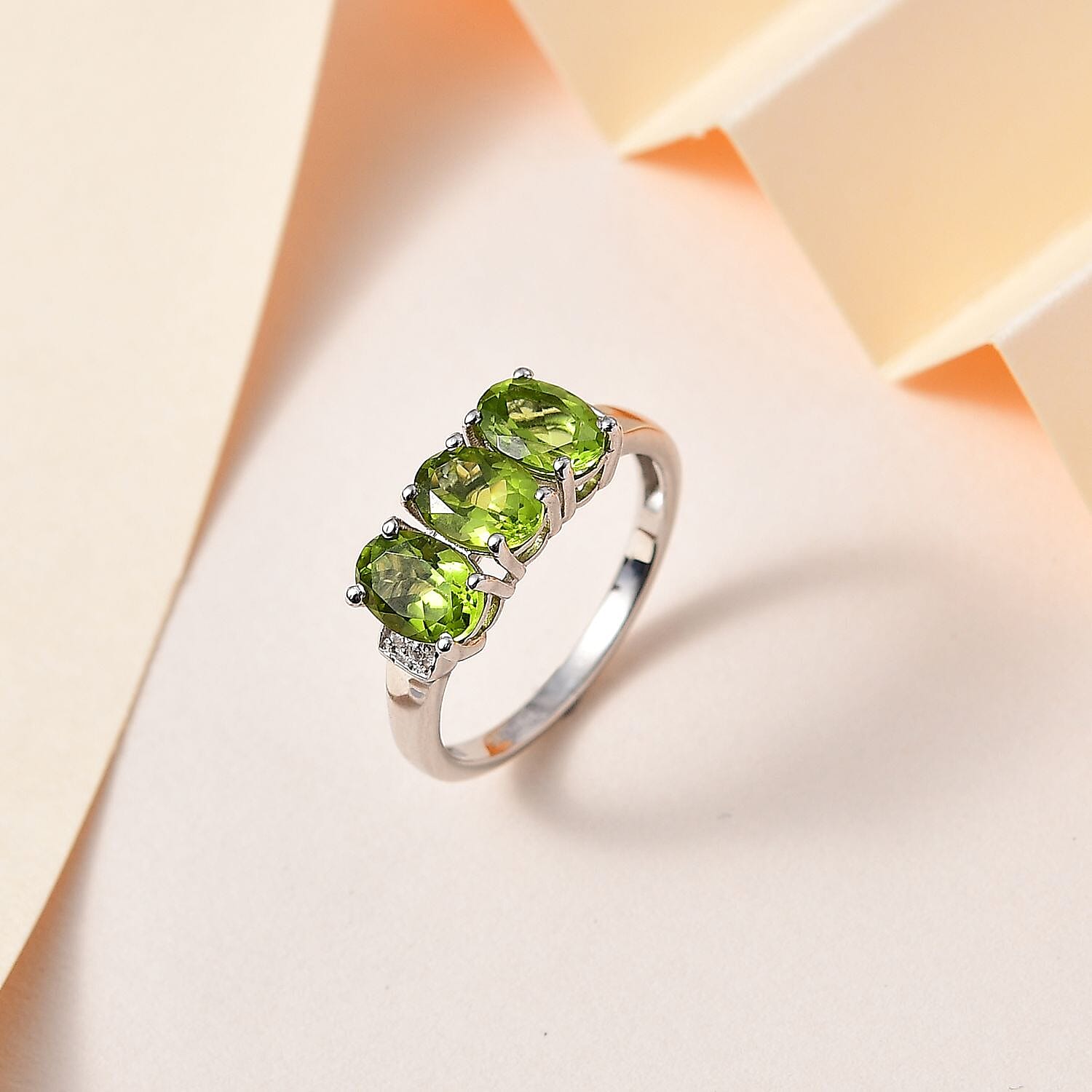 Peridot and Natural Champagne Diamond Accent 3 Stone Ring in Platinum Over Sterling Silver (Size 10.0) 2.50 ctw