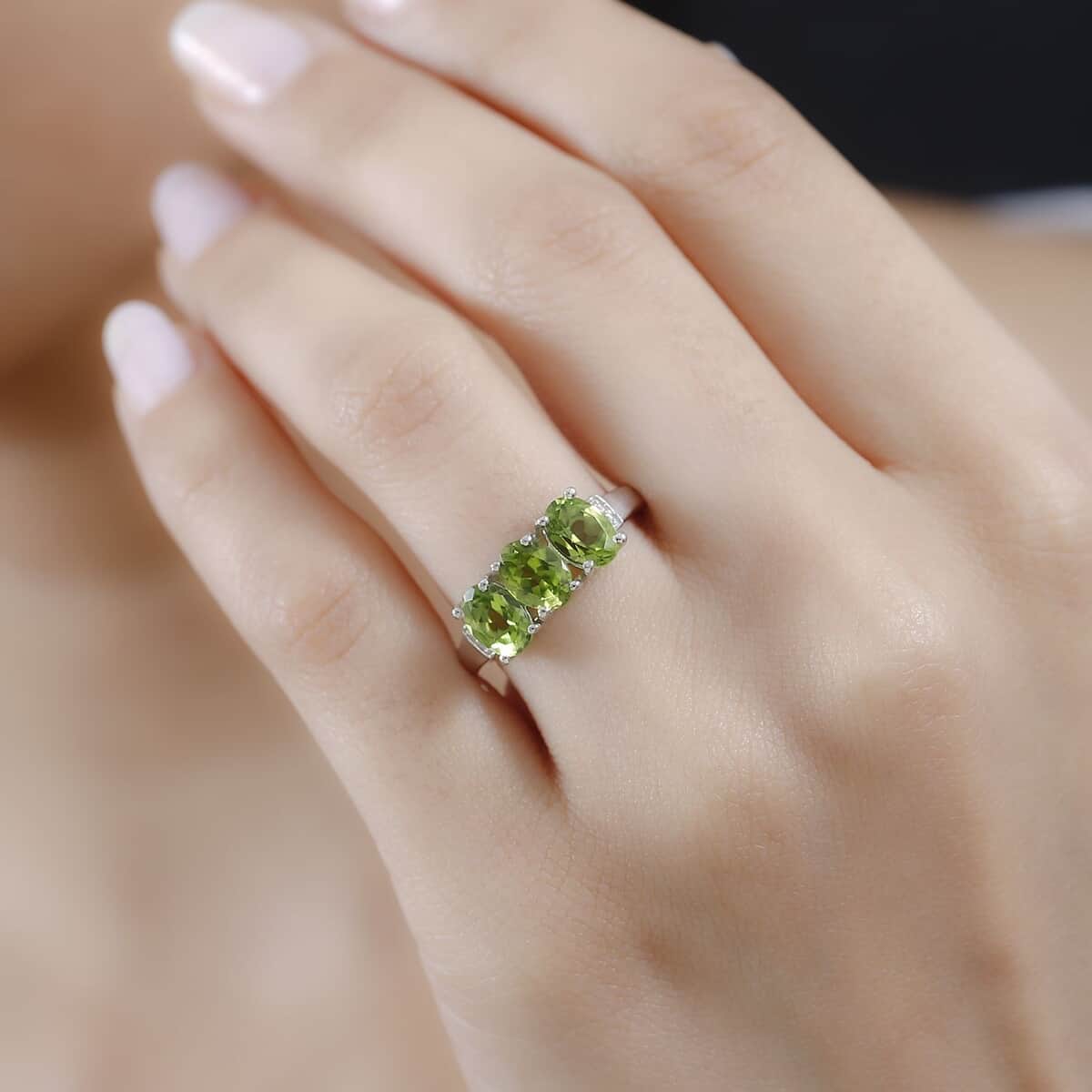 Arizona Peridot and Natural Champagne Diamond Accent 3 Stone Ring in Platinum Over Sterling Silver 2.50 ctw (Del. in 10-12 Days) image number 2