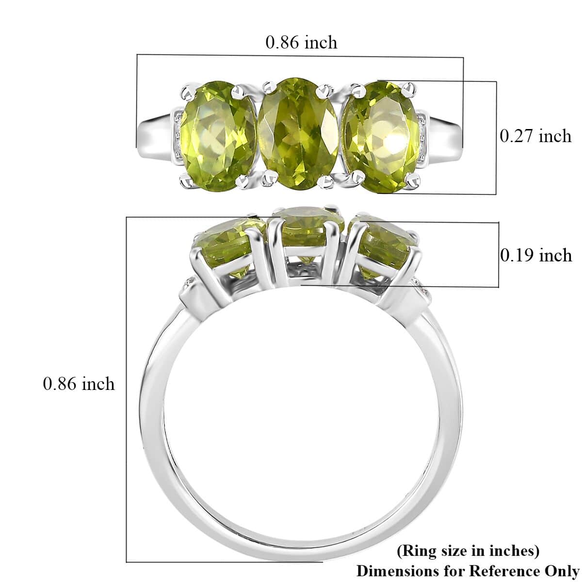 Arizona Peridot and Natural Champagne Diamond Accent 3 Stone Ring in Platinum Over Sterling Silver 2.50 ctw (Del. in 10-12 Days) image number 5