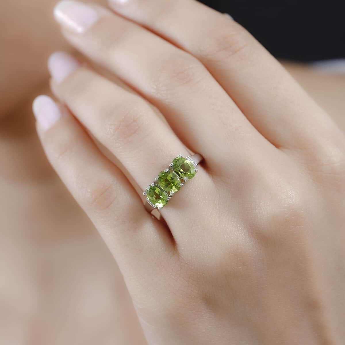 Peridot and Natural Champagne Diamond Accent 3 Stone Ring in Platinum Over Sterling Silver (Size 5.0) 2.50 ctw image number 2