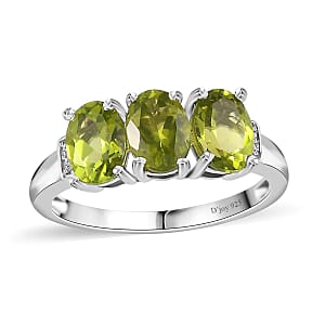 Peridot and Natural Champagne Diamond Accent 3 Stone Ring in Platinum Over Sterling Silver (Size 7.0) 2.50 ctw