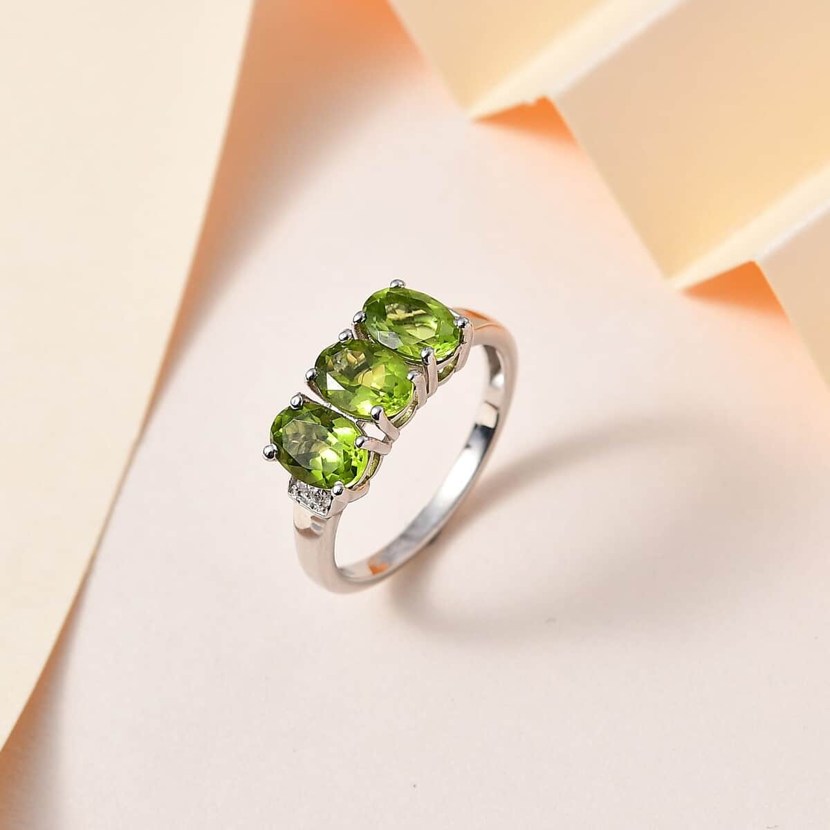 Peridot and Natural Champagne Diamond Accent 3 Stone Ring in Platinum Over Sterling Silver (Size 7.0) 2.50 ctw image number 1