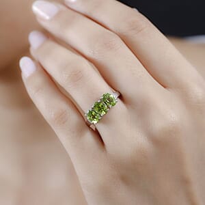 Peridot and Natural Champagne Diamond Accent 3 Stone Ring in Platinum Over Sterling Silver (Size 7.0) 2.50 ctw