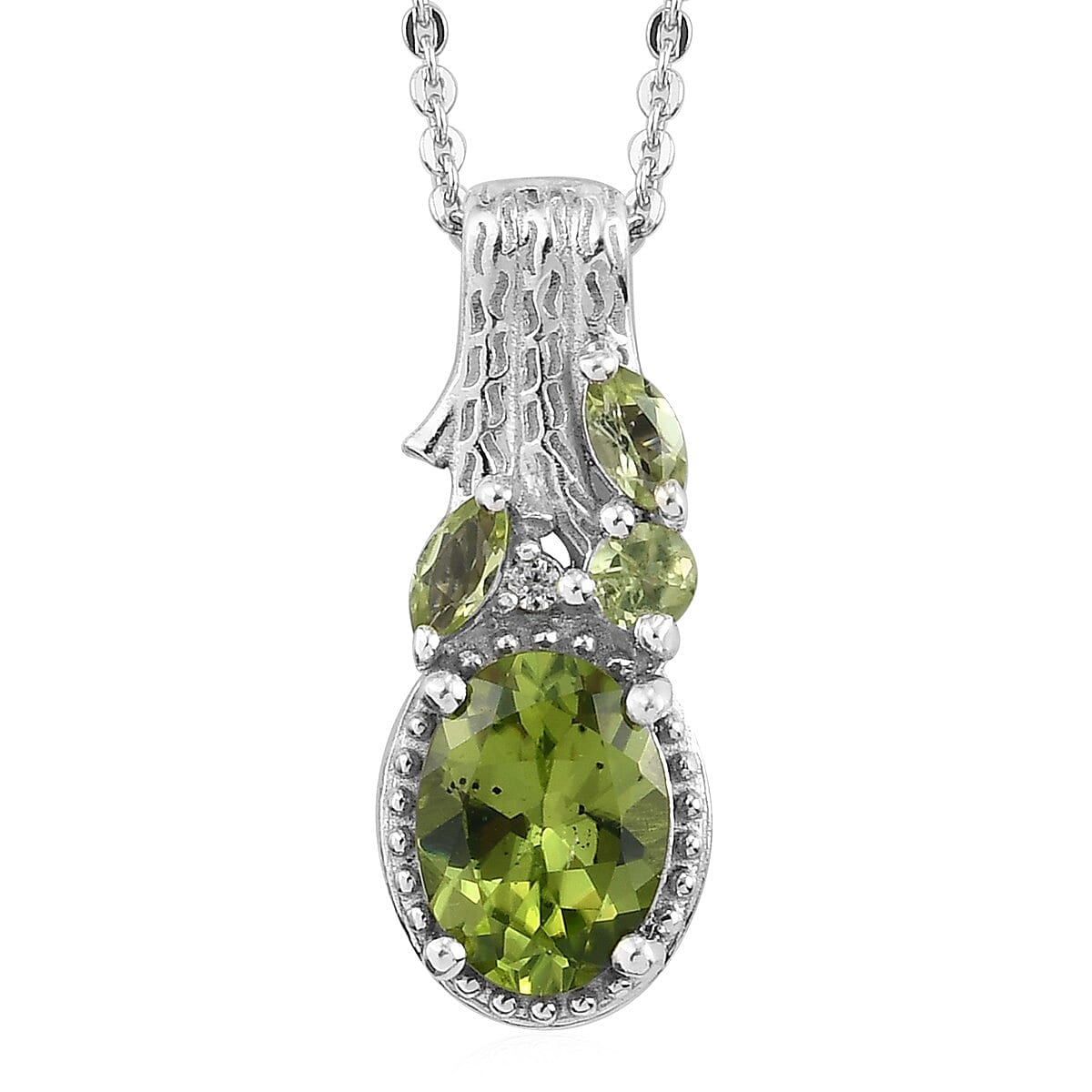 Arizona Peridot and White Zircon Pendant Necklace 20 Inches in Platinum Over Sterling Silver 1.65 ctw