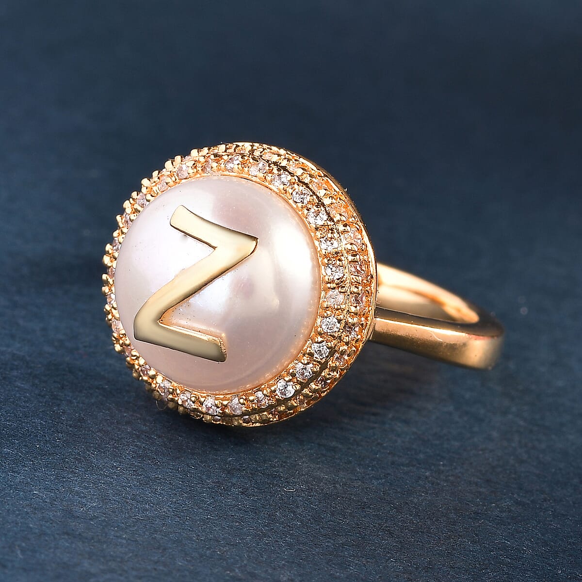 KARIS Freshwater Pearl 12 mm, Simulated Diamond Initial "Z" Ring in ION Plated 18K YG 0.65 ctw image number 1