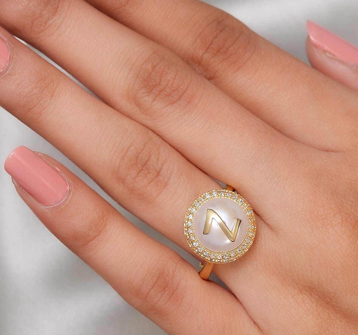 KARIS Freshwater Pearl 12 mm, Simulated Diamond Initial "Z" Ring in ION Plated 18K YG 0.65 ctw image number 2