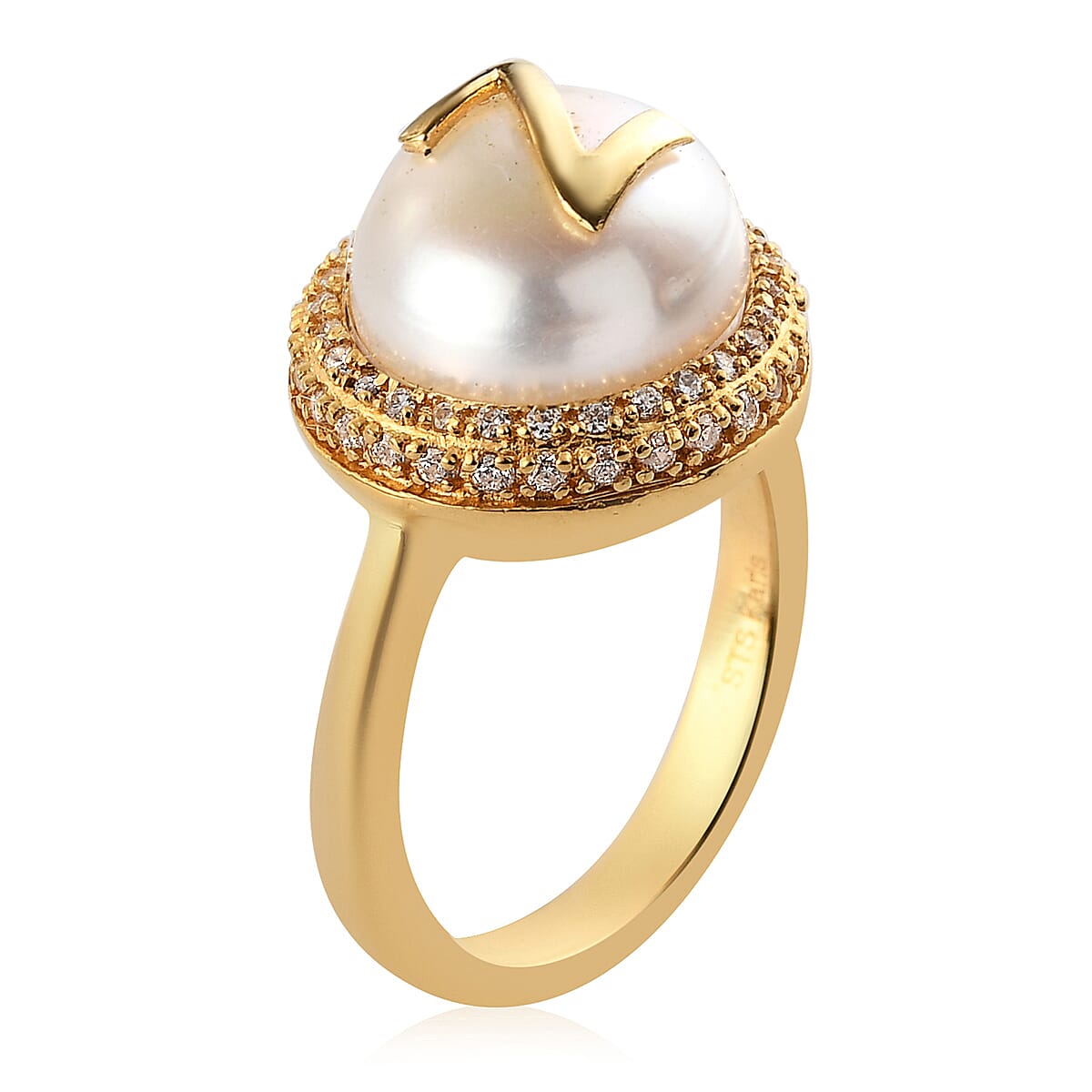 KARIS Freshwater Pearl 12 mm, Simulated Diamond Initial "Z" Ring in ION Plated 18K YG 0.65 ctw image number 3