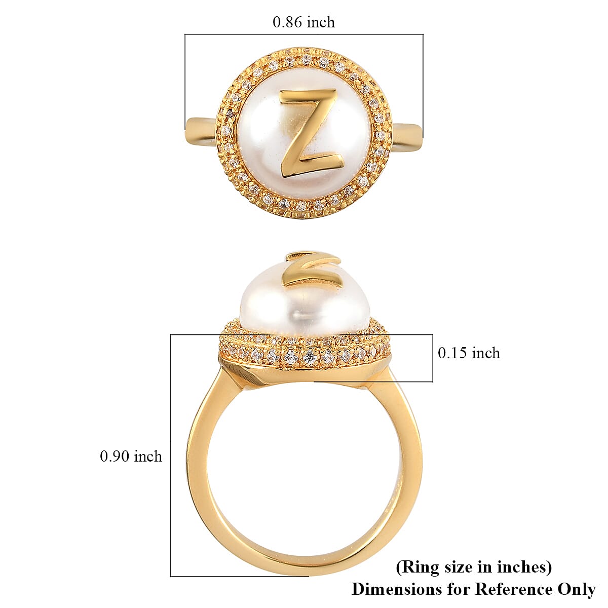KARIS Freshwater Pearl 12 mm, Simulated Diamond Initial "Z" Ring in ION Plated 18K YG 0.65 ctw image number 5
