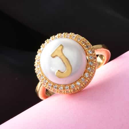 KARIS Freshwater Pearl 12 mm and Simulated Diamond Initial J Ring in 18K YG Plated (Size 9.0) image number 1