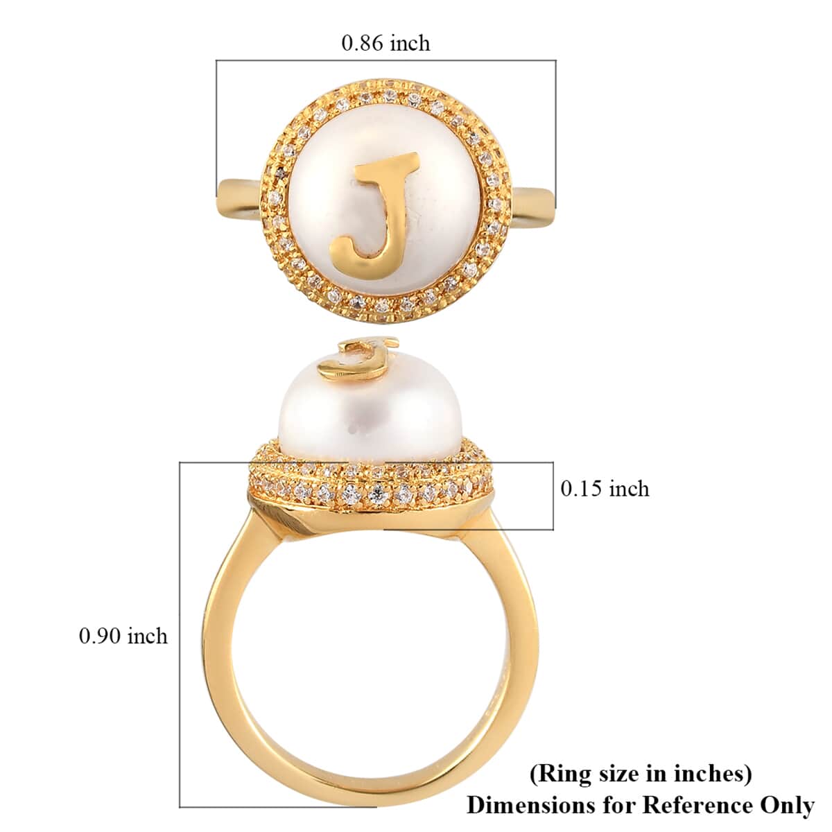 KARIS Freshwater Pearl 12 mm and Simulated Diamond Initial J Ring in 18K YG Plated (Size 9.0) image number 5