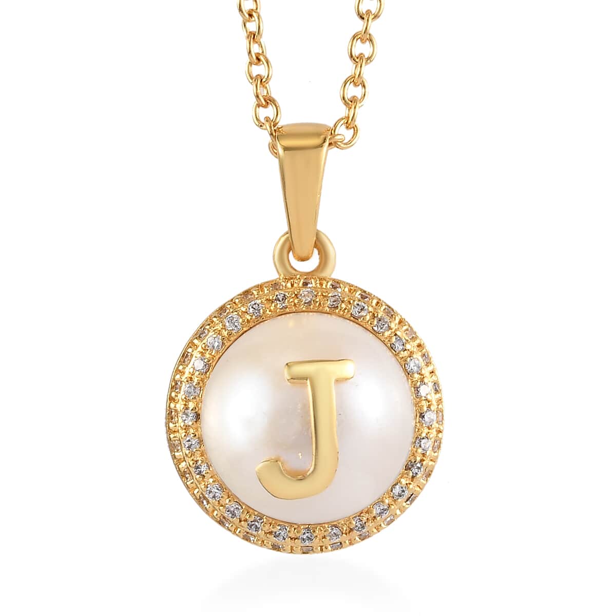 Lolos Exclusive Pick's KARIS Freshwater Pearl and Simulated Diamond Initial J Pendant Necklace 20 Inches in 18K YG Plated and ION Plated YG Stainless Steel image number 0