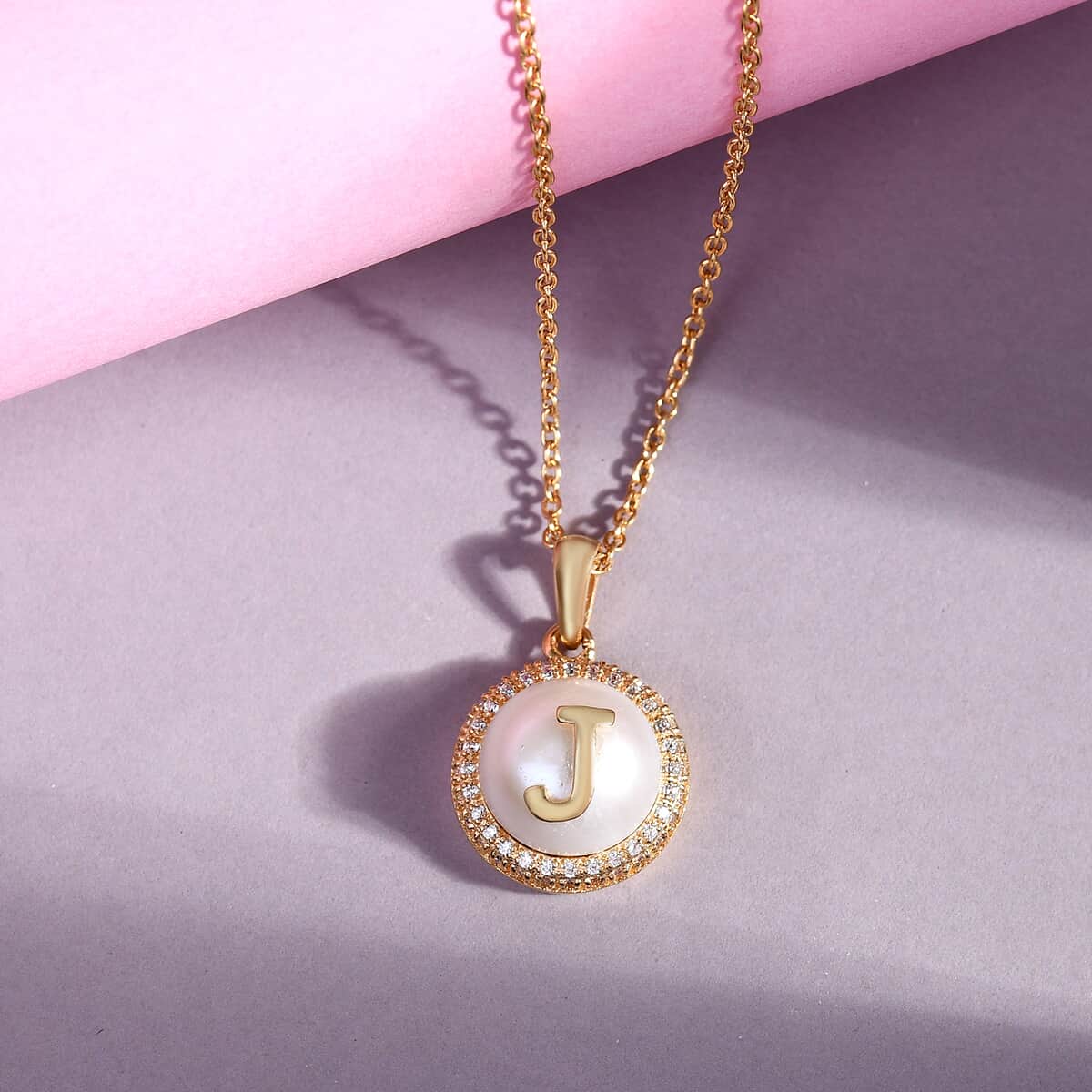 Lolos Exclusive Pick's KARIS Freshwater Pearl and Simulated Diamond Initial J Pendant Necklace 20 Inches in 18K YG Plated and ION Plated YG Stainless Steel image number 1