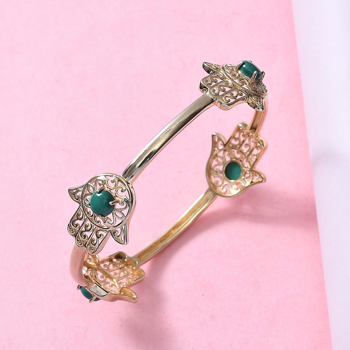 Karis African Malachite Hamsa Bangle Bracelet in ION Plated 18K Yellow Gold (7.25 In) 4.15 ctw image number 1