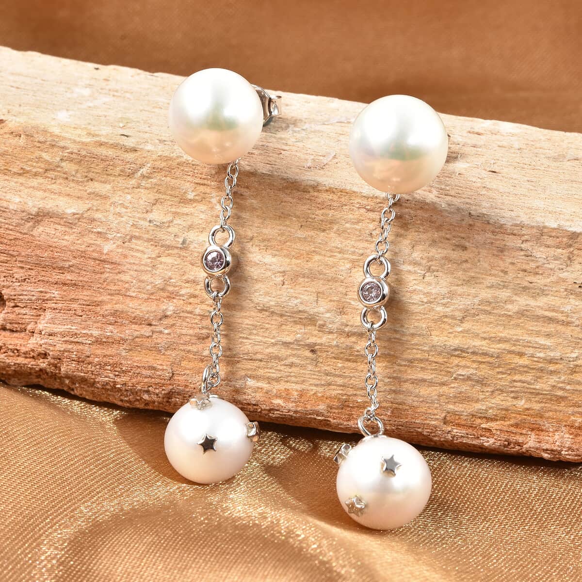 White Edison Pearl 10mm and Pink Sapphire Earrings in Rhodium Over Sterling Silver 0.05 ctw image number 1