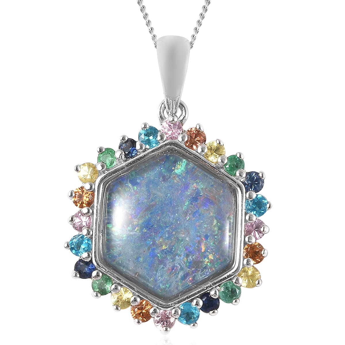 Boulder Opal Triplet and Multi Gemstone Hexagon Pendant Necklace 18 Inches in Rhodium Over Sterling Silver 5.00 ctw