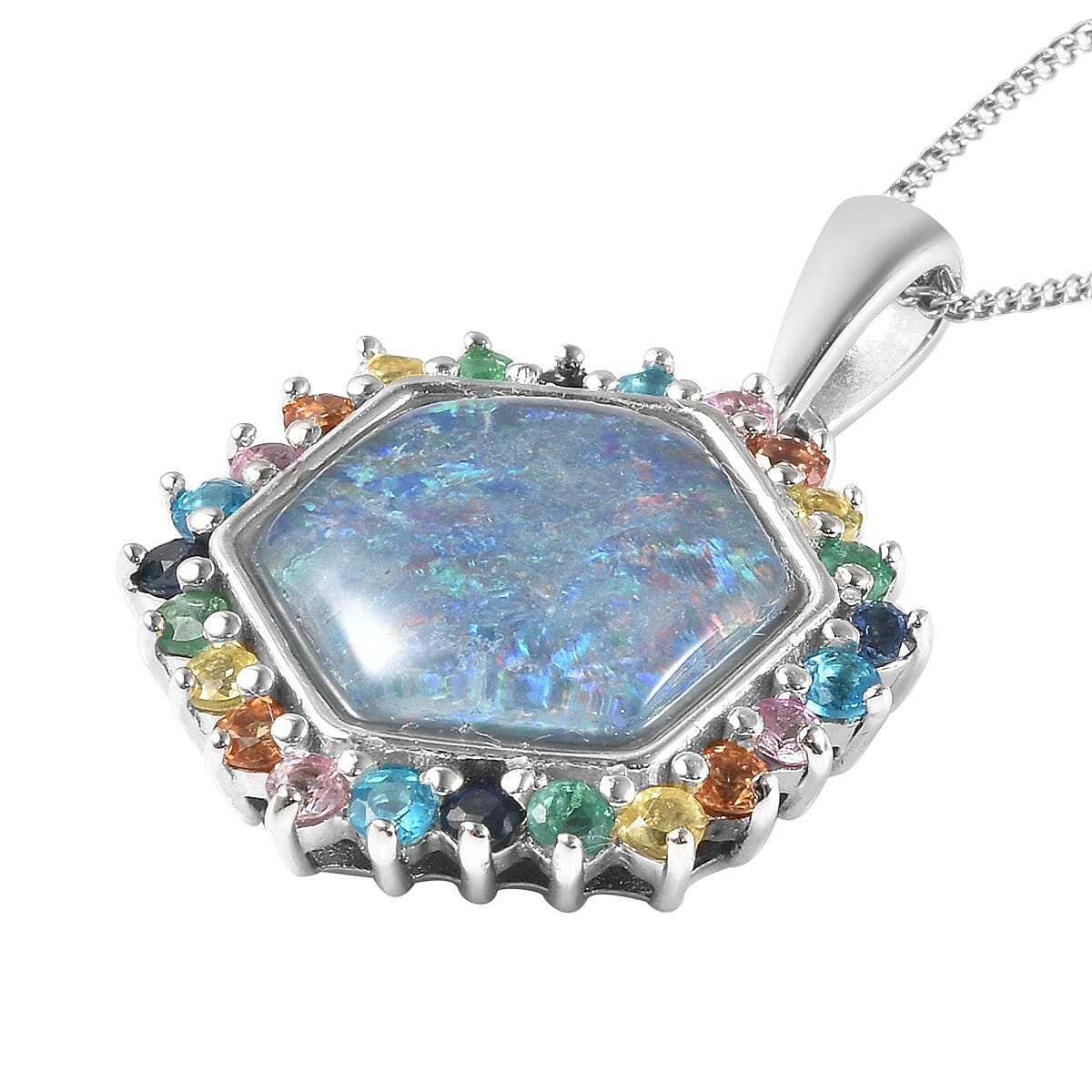 Boulder Opal Triplet and Multi Gemstone Hexagon Pendant Necklace 18 Inches in Rhodium Over Sterling Silver 5.00 ctw