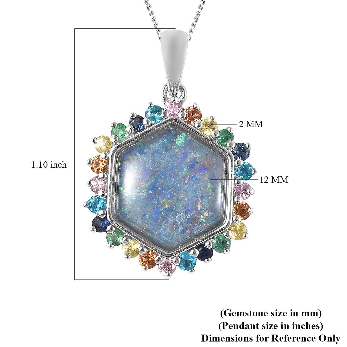 Boulder Opal Triplet and Multi Gemstone Hexagon Pendant Necklace 18 Inches in Rhodium Over Sterling Silver 5.00 ctw