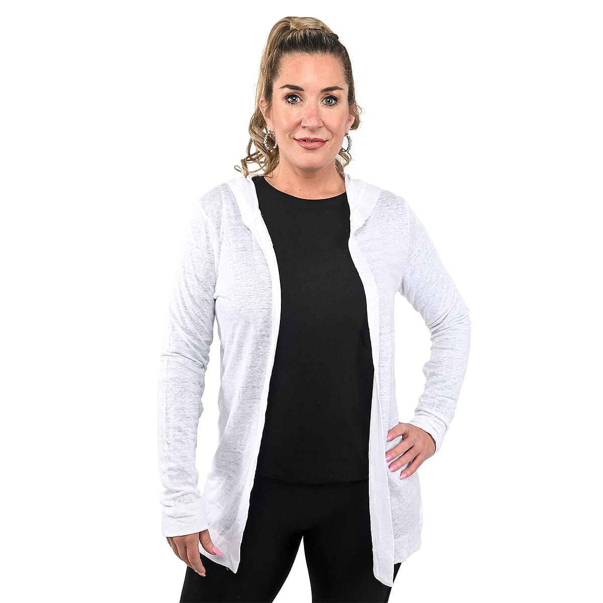 Jovie White Color Linen Women Cardigan with Hood Size - S image number 0