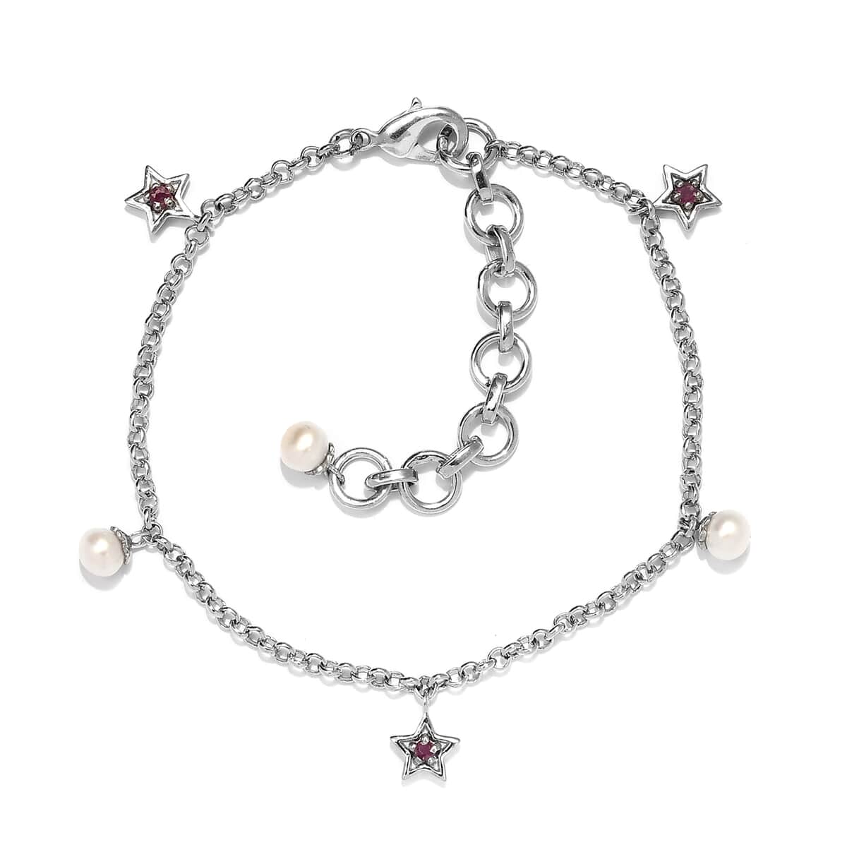 KARIS Freshwater Pearl and Niassa Ruby Star Charm Anklet in Platinum Bond (9 In) 0.20 ctw image number 0