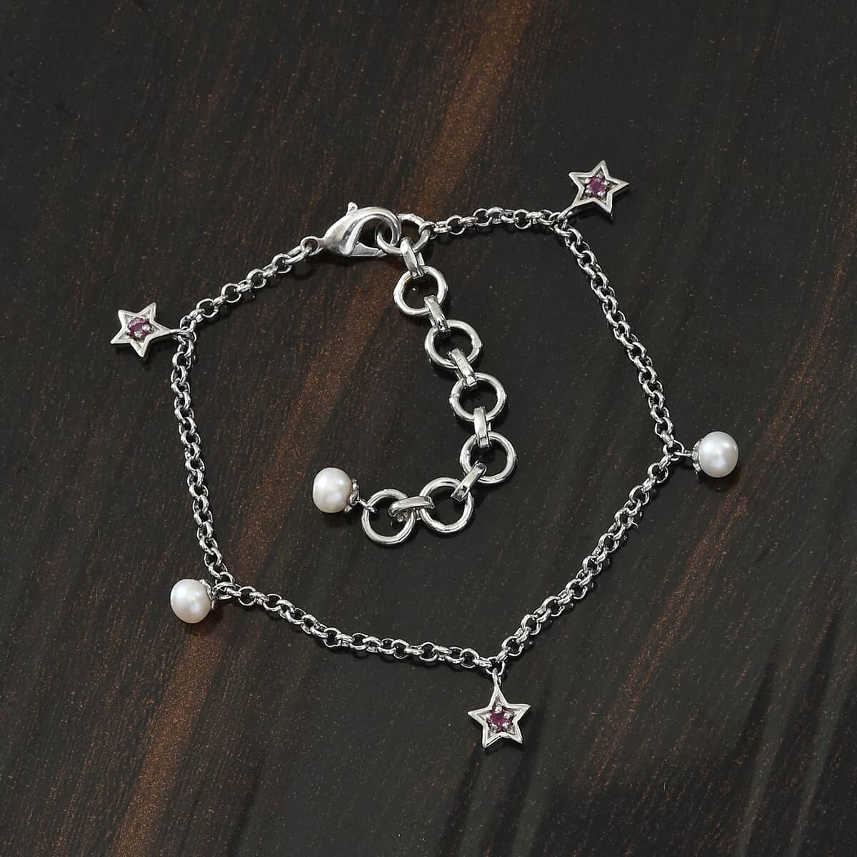 KARIS Freshwater Pearl and Niassa Ruby Star Charm Anklet in Platinum Bond (9 In) 0.20 ctw image number 1